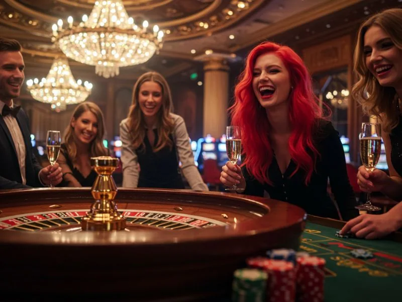 Happy friends cheering for their winnings while playing Lodi291 Online Casino Games.