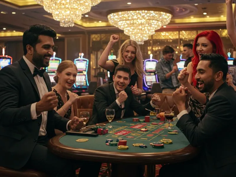 Friends enjoying and cheering together while playing in Manila Play online casino.