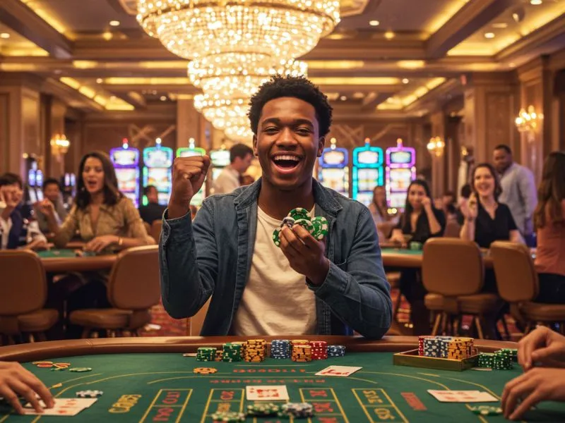 Happy man celebrating big win in an online casino game on Manila Play platform.