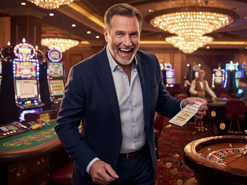 Happy man holding his winning ticket at Nuebe Gaming Online Casino