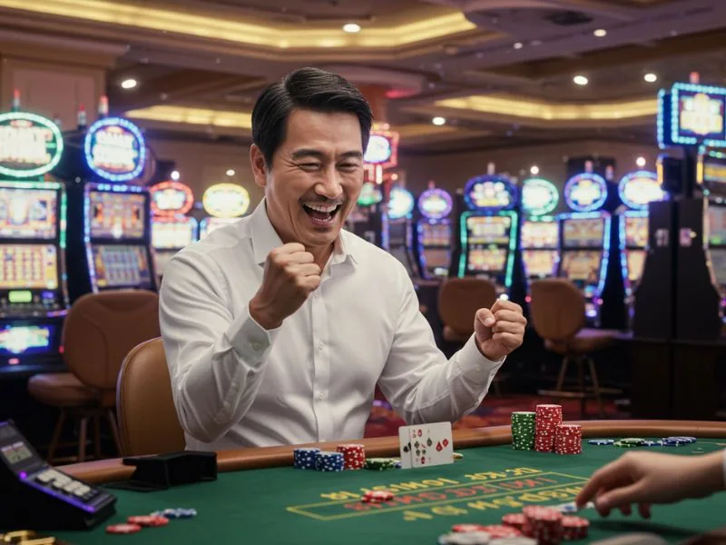 Happy man celebrating a jackpot win at Nuebe Gaming Online Casino