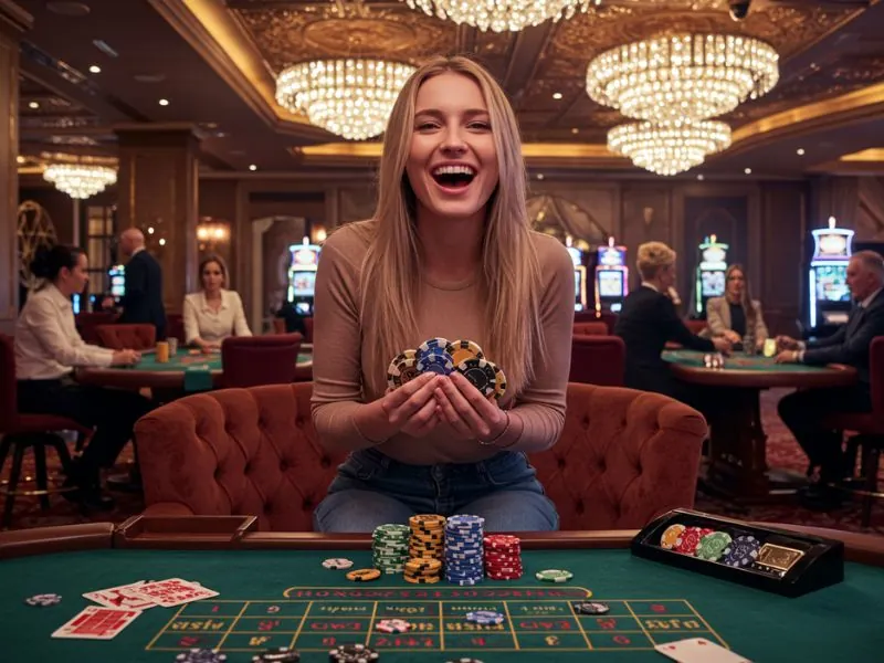 Happy pretty girl ready to bet and play at Nuebe Gaming Online Casino