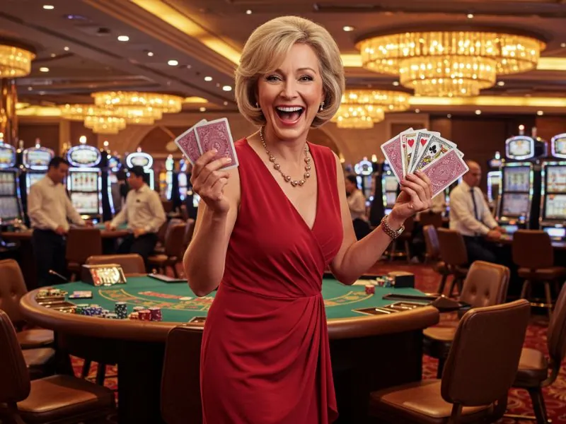 Happy woman enjoying casino cards at Nuebe Gaming Online Casino.