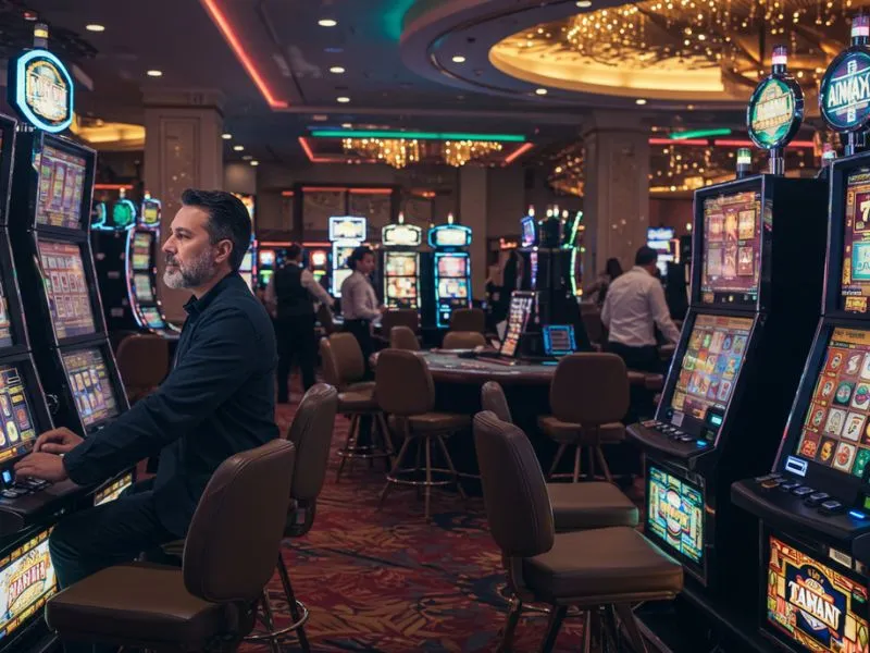 Man seriously playing slot machine in PH Club online casino.