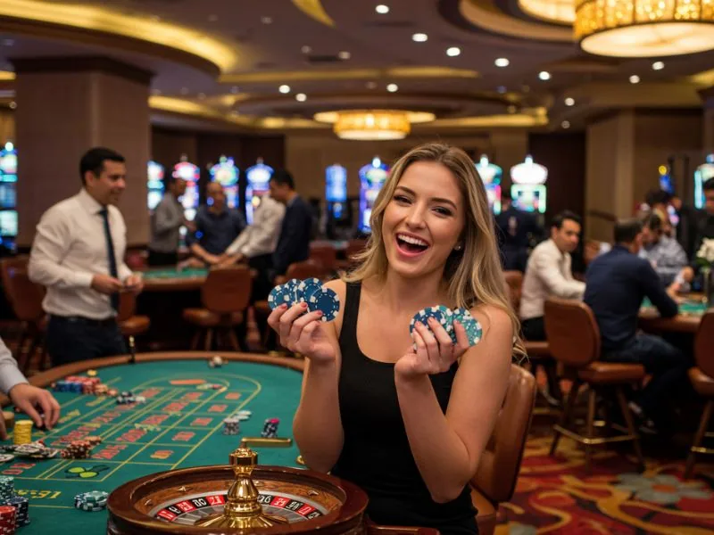 Happy woman holding her winnings at PH444 Online Casino.