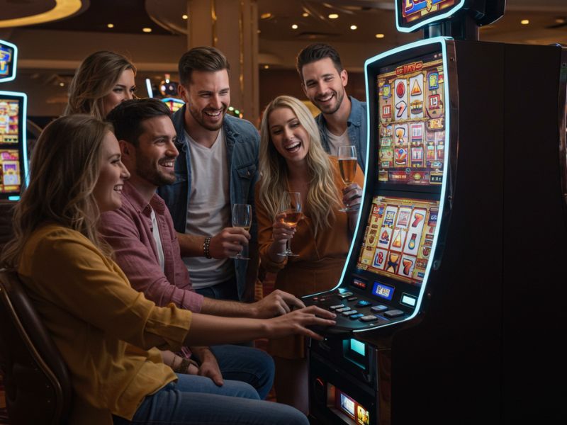 Friends cheering and drinking while enjoying a lively game on PH444 Slot.