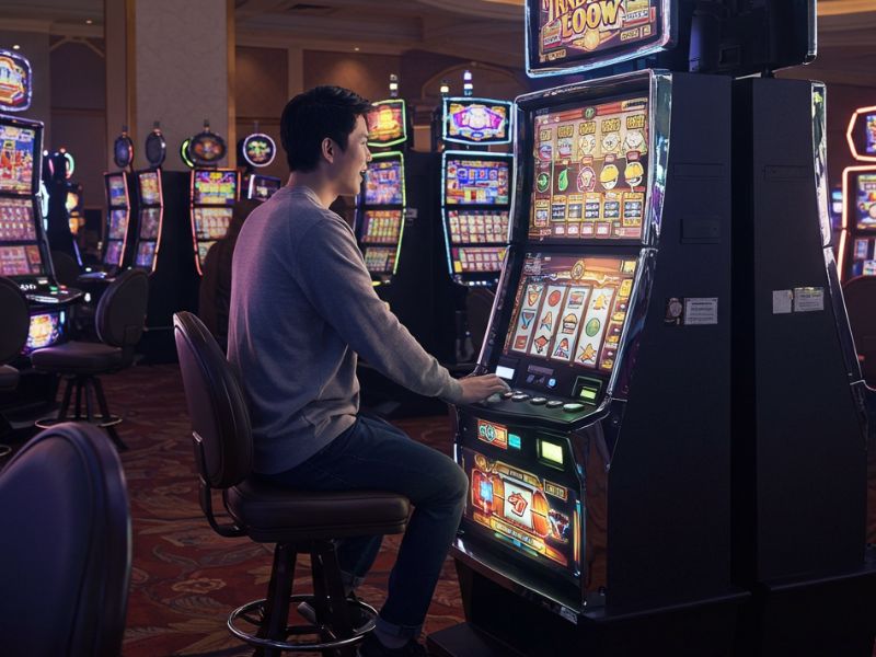 Man playing PH444 slot game alone on a computer inside a cozy gaming room.