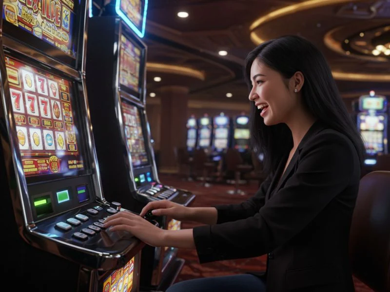 A happy girl enjoying slot games at PHL63 Online Casino.