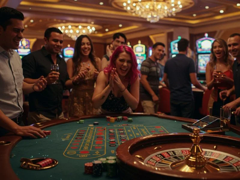 A cheerful red-haired girl celebrating with friends while betting and winning at PHL63 Online Casino.