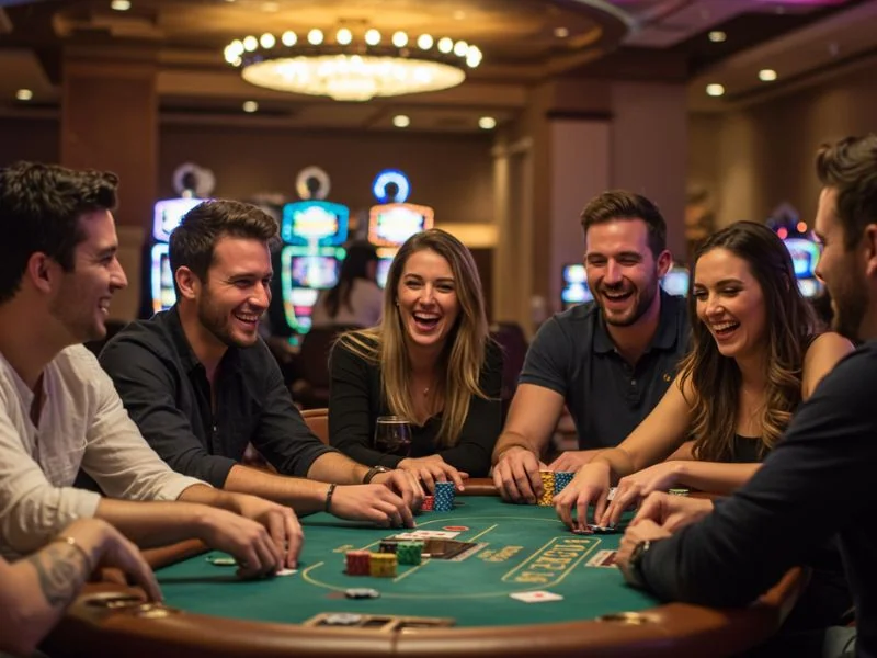 A happy circle of friends enjoying slot and table games together at bmy888 online casino.