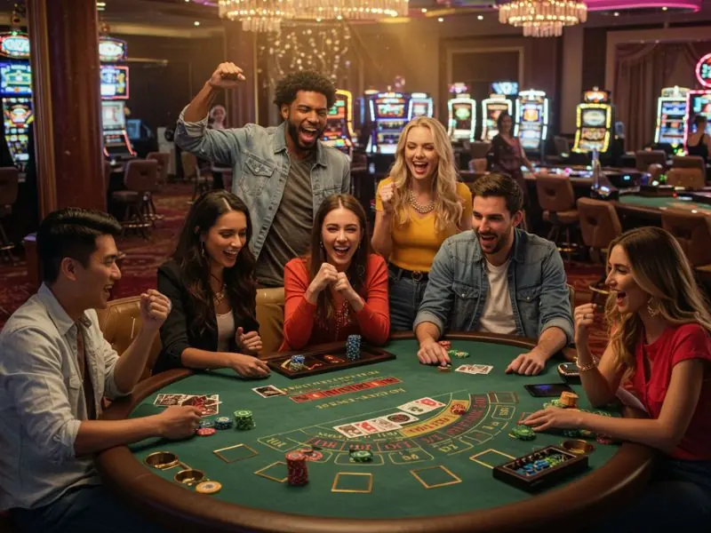 Friends enjoying an exciting gaming session together at bmy888 online casino.