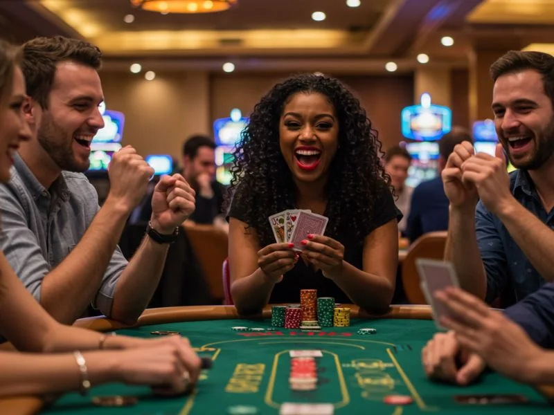 Happy friends cheering as a woman wins at bmy888 online casino games.