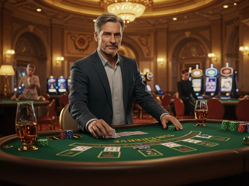 Businessman seriously playing at an online casino 247 platform on his laptop.