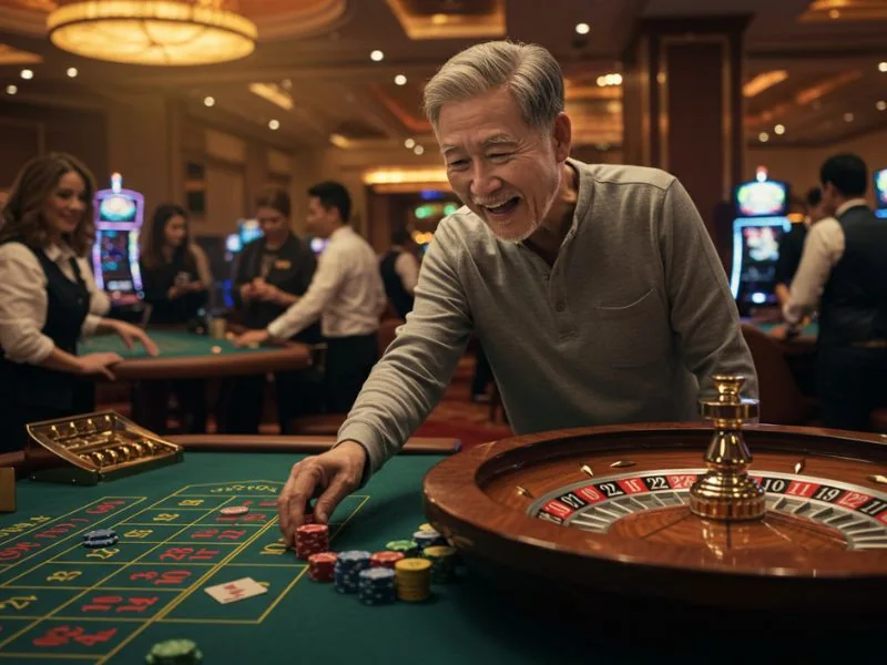Happy elderly man enjoying roulette at online casino 247 on his laptop
