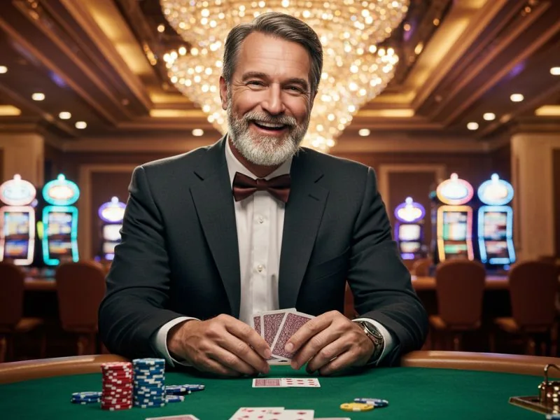 Happy man enjoying card games while playing at online casino 247