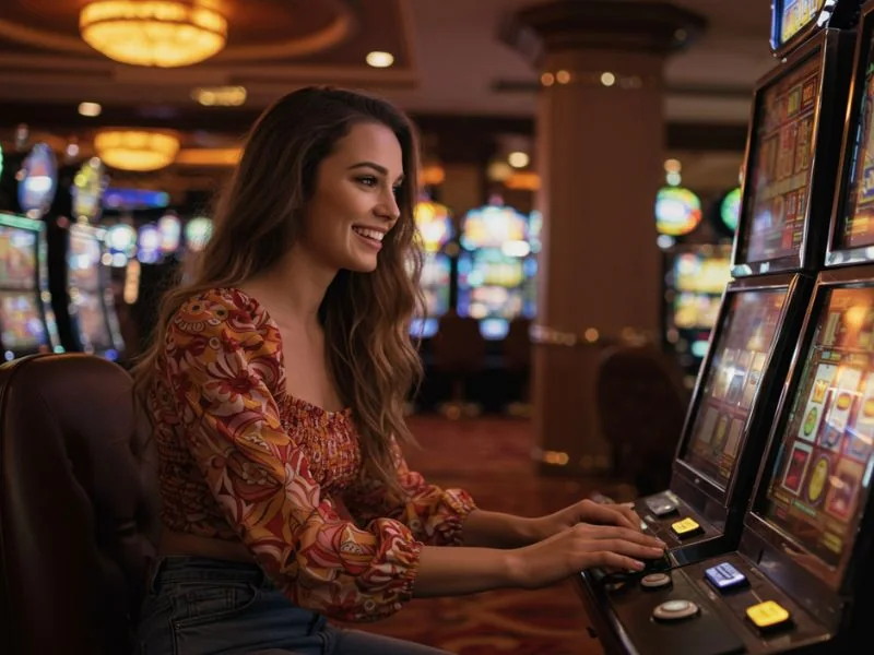 Pretty woman enjoying a slot game on her laptop at online casino 247