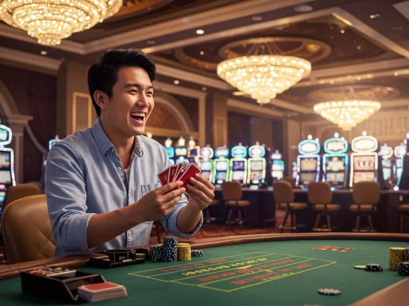 Happy man enjoying exciting games at PHLove Online Casino platform.