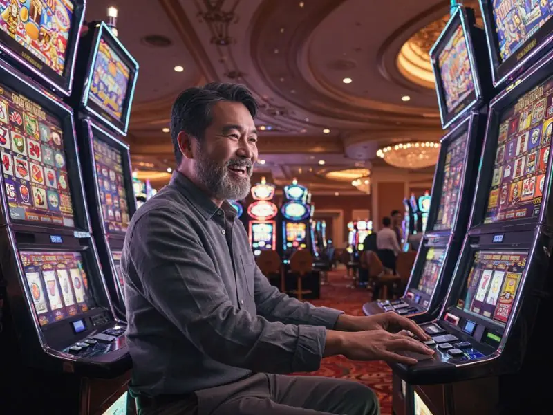 Happy man enjoying slot games at PHLove Online Casino platform.