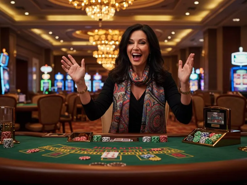 Happy woman celebrating her big win at PHLove Online Casino.