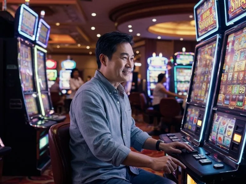 Happy guest playing a slot machine at a 247 online casino