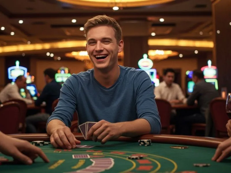 Joyful man playing cards at a lively 247 online casino table
