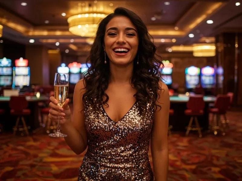 Joyful player posing on a casino floor while enjoying 247 online casino games