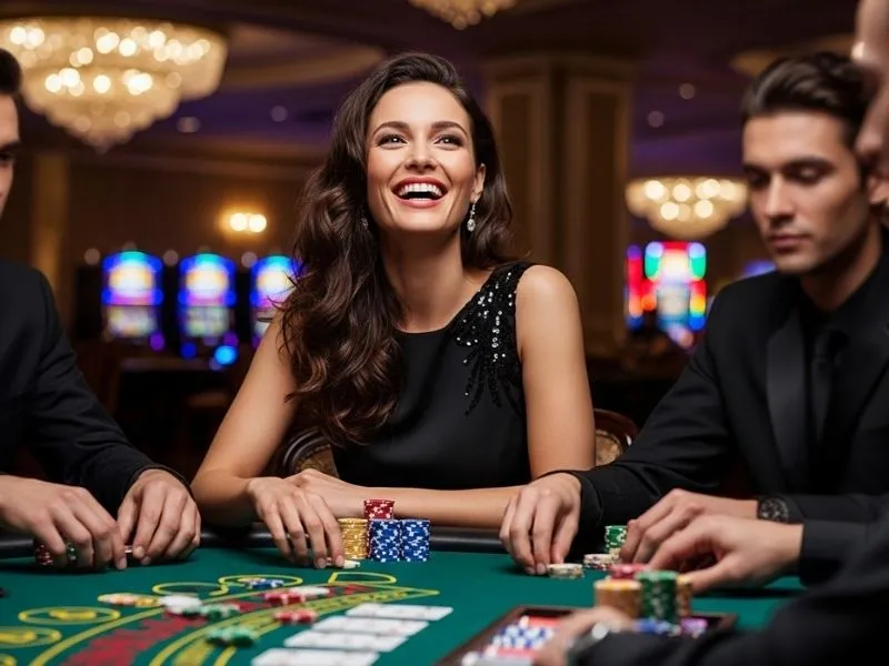 Lady enjoying a poker game with friends at a physical casino, representing 55x casino login register experience.