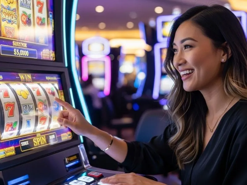 Woman celebrating a big win at a slot machine in a physical casino, symbolizing excitement after 55x casino login register.