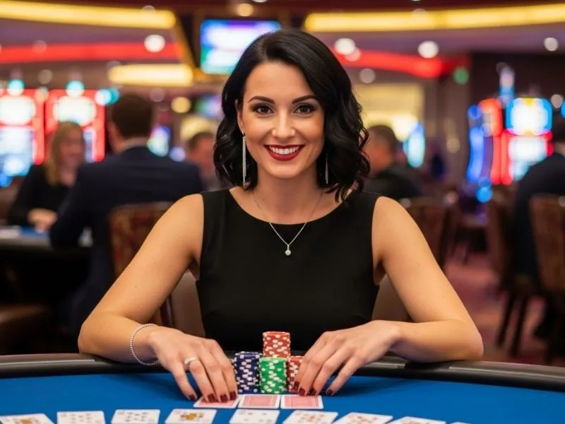 Happy woman celebrating a blackjack win at a casino table, representing excitement for 55x casino login register.