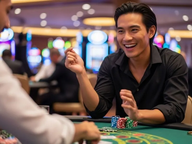 Man happily celebrating a poker win at a physical casino, symbolizing success after a 55x casino login register experience.