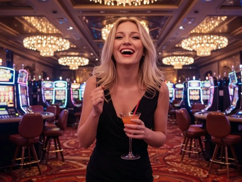 Joyful woman holding drinks while enjoying the lively atmosphere of 711 bet online casino