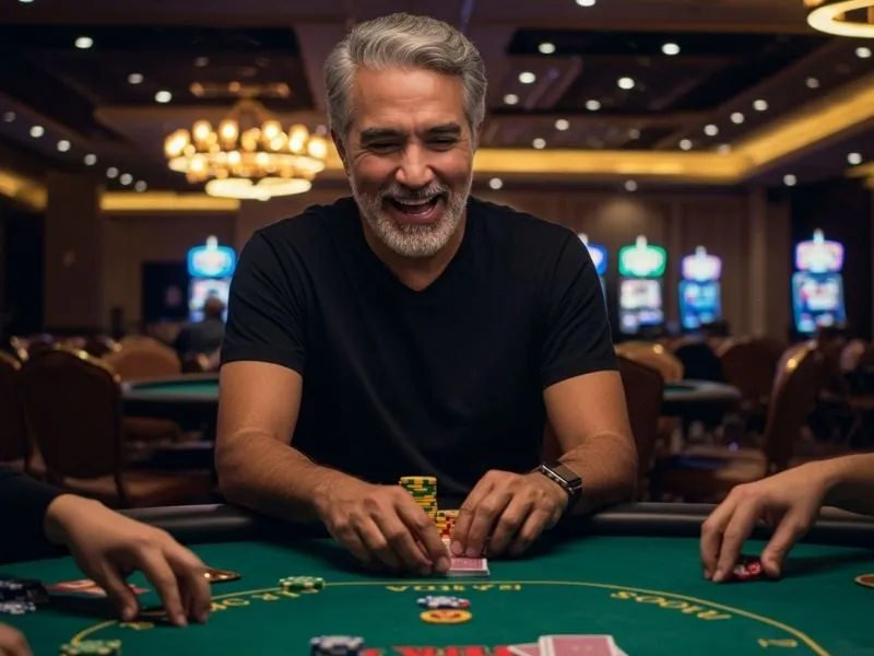 Poker player deeply focused on a game at 711 bet online casino