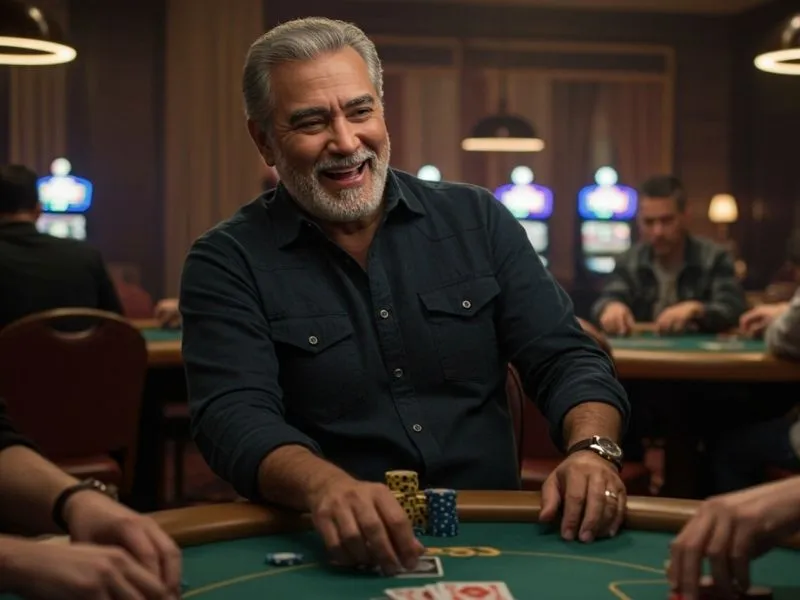 Smiling man enjoying poker table gameplay at 711 bet online casino
