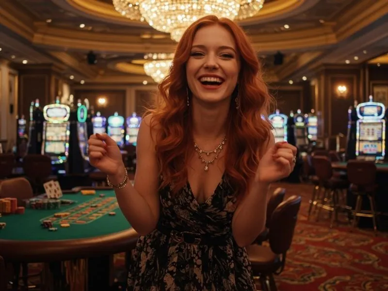 Woman smiling happily on the casino floor at 8k8 online casino