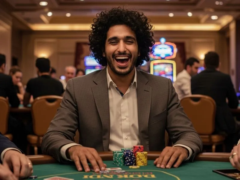 Excited player laughing at a poker table in an 8k8 online casino environment