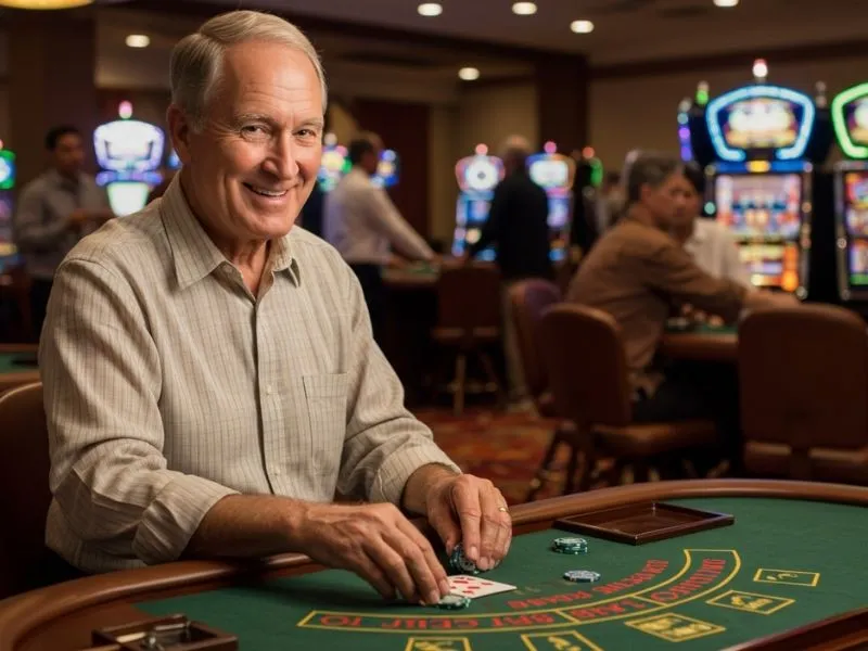 Smiling older man playing poker at a table in an 8k8 online casino setting