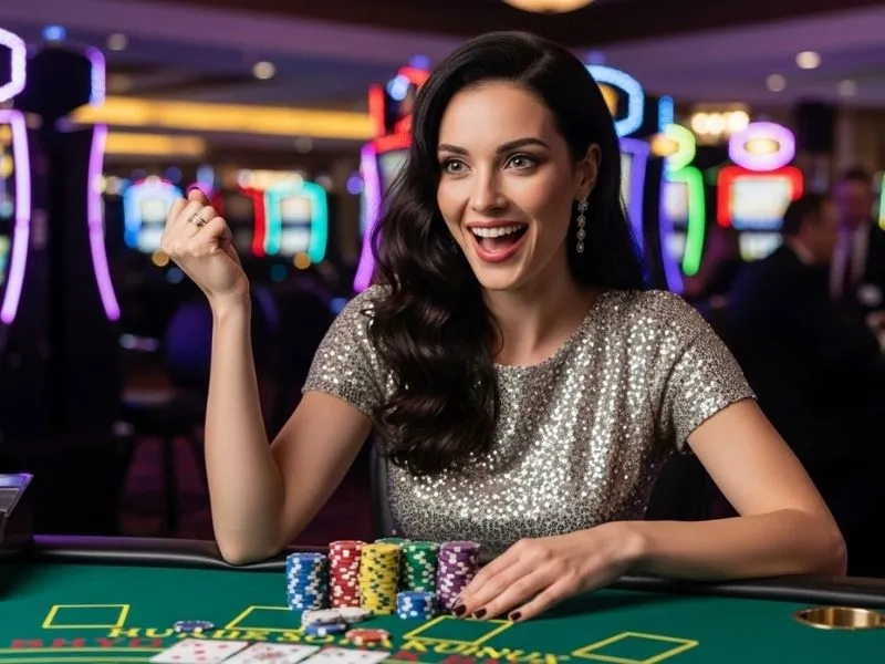 Woman happily cheering while playing poker in a physical casino, enjoying her winning moment – albie casino brief.