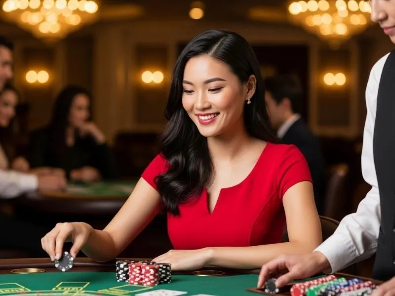 A cheerful woman placing chips on a poker table at a physical casino, enjoying a fun gaming experience – albie casino brief.