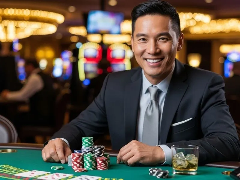 Man happily celebrating a big win at a physical casino table, enjoying the thrill of gambling with excitement — albie casino brief.