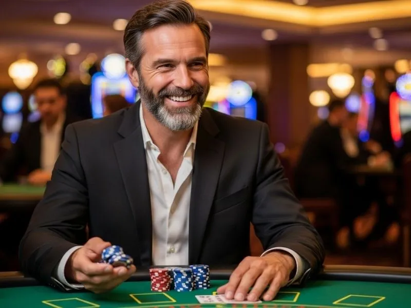 Older man laughing while placing chips on a physical casino table at Albie Casino Brief