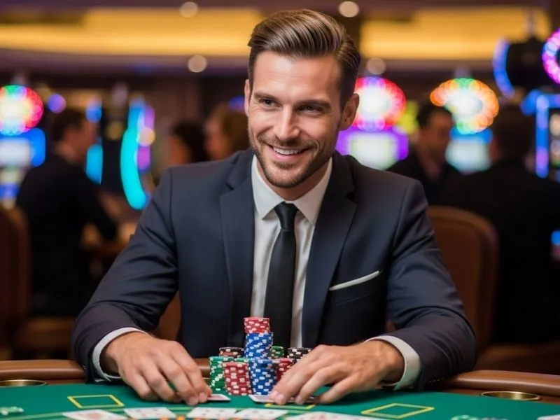 Man smiling with a stack of chips on a casino table at Aliante Casino Hotel Gaming, enjoying the excitement of a physical casino environment.