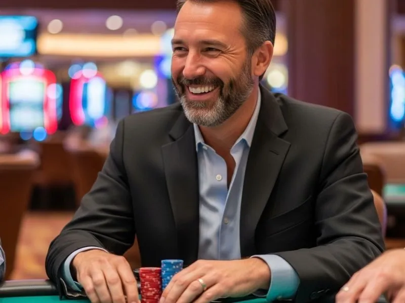 Old man laughing while playing poker at a physical table in Aliante Casino Hotel Gaming