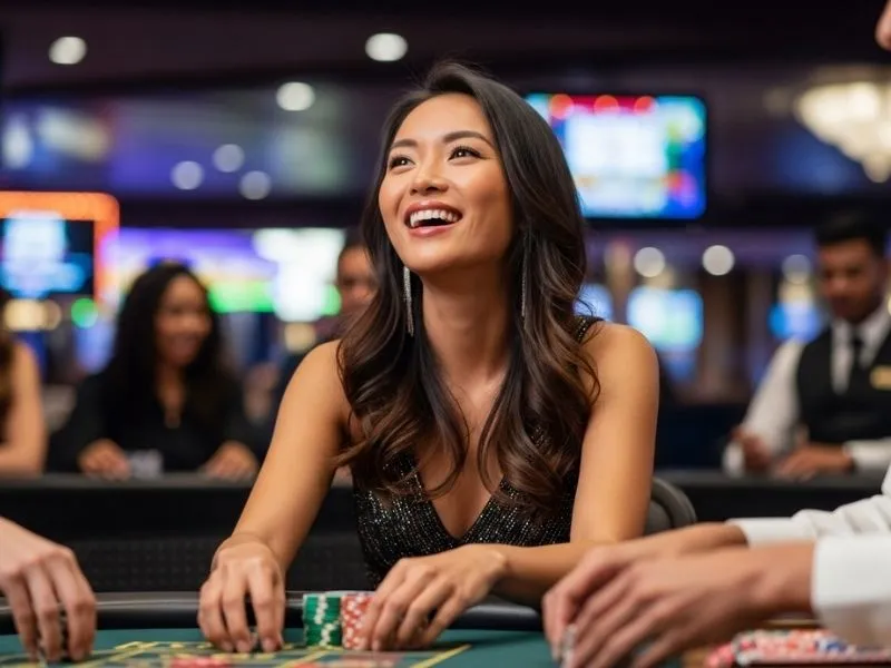 Woman smiling and enjoying a roulette game at Aliante Casino Hotel Gaming, celebrating a fun night at the casino floor.