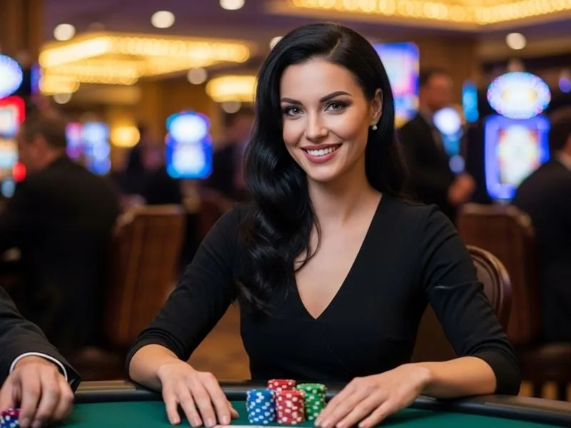 Woman smiling and celebrating a win at a casino table inside Aliante Casino Hotel Gaming.