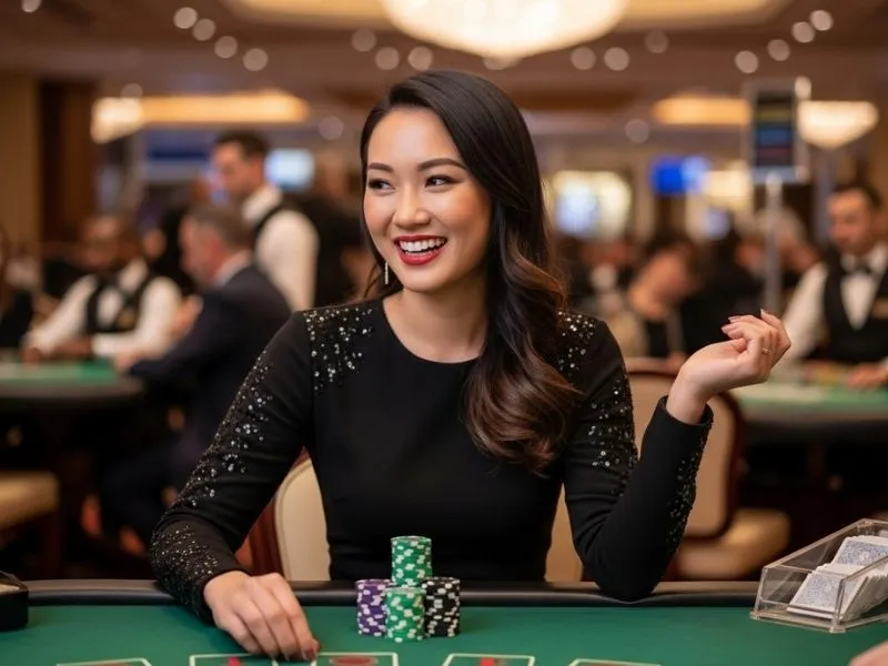 Woman celebrating a big win at table games in a physical casino, enjoying the lively atmosphere at Bar Casino.