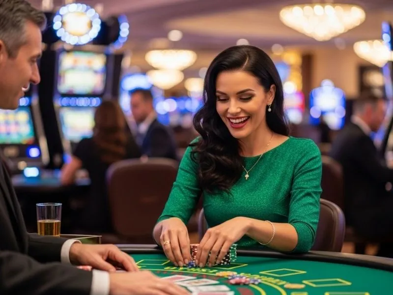 A cheerful woman smiling and laughing while enjoying a table game at a lively bar casino.