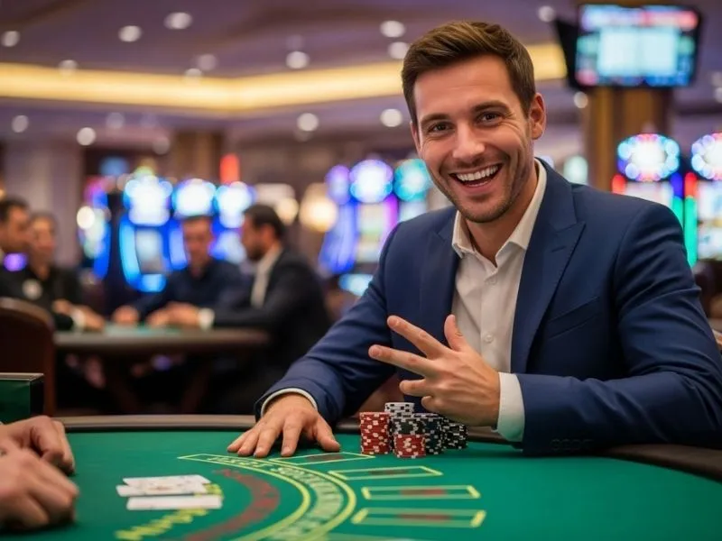 Man celebrating a big win at a poker table in a lively bar casino