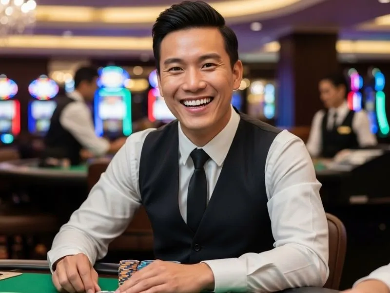 Man happily smiling at a poker table inside a bar casino, enjoying the physical casino experience.