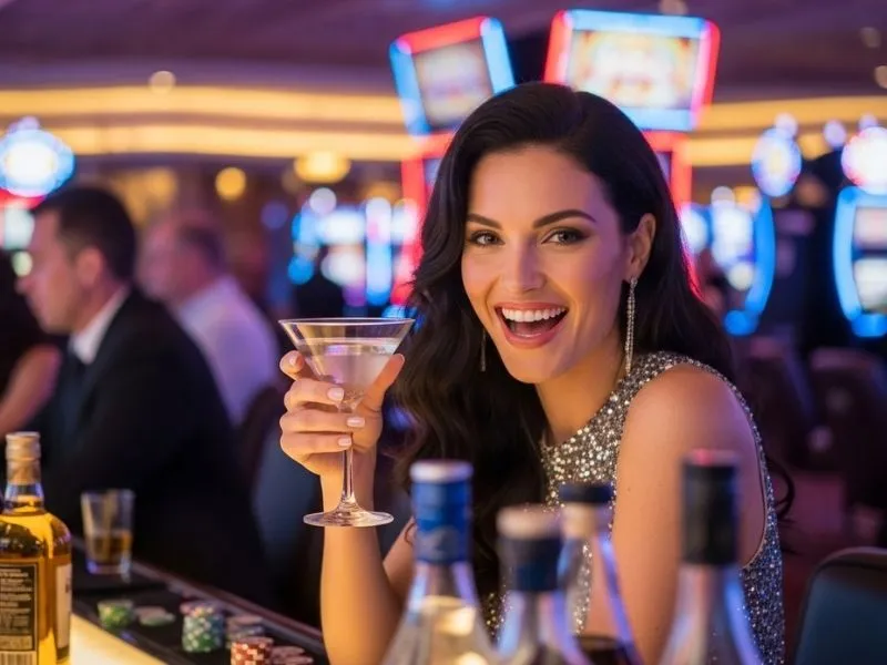 A woman smiling happily at a bar in casino, with chips and a drink on the table in front of her.