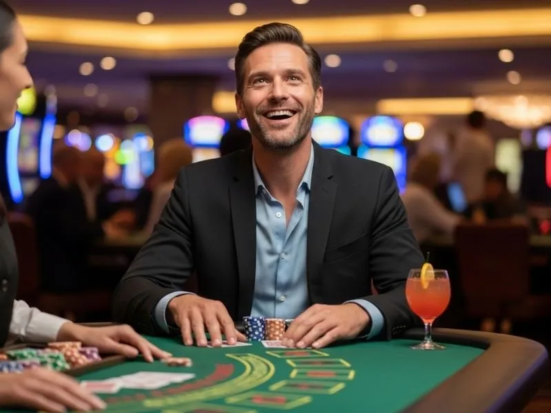 Man smiling and enjoying his night at a bar in casino, surrounded by poker tables and ambient lighting.